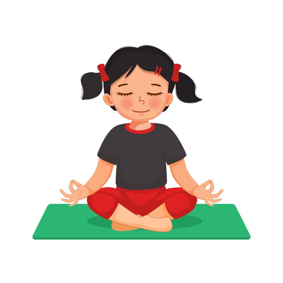 Little girl doing gymnastic fitness exercises practicing yoga meditation sitting in lotus pose on a green mat indoor at home vector