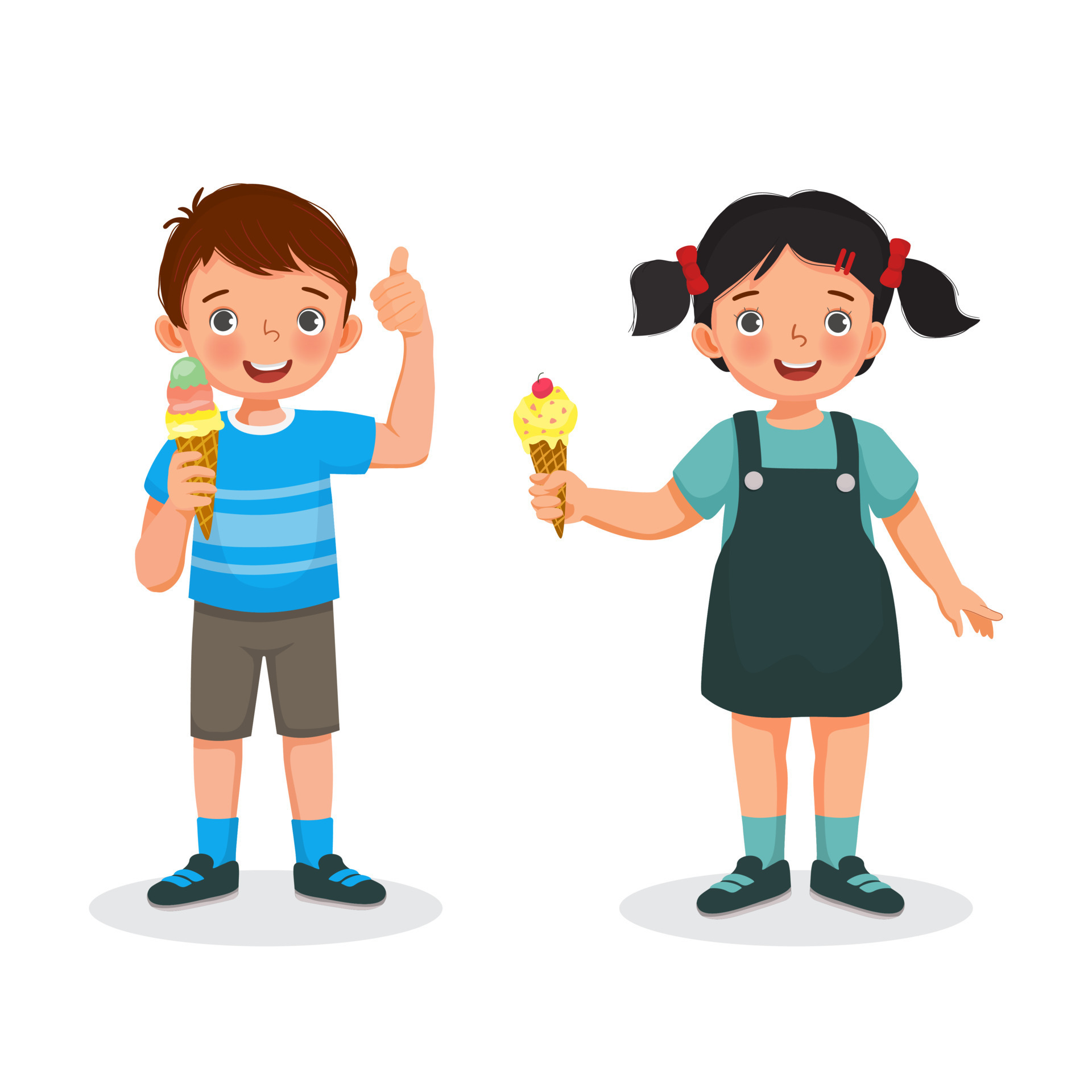 Cute little boy and girl holding and eating ice cream showing thumb up