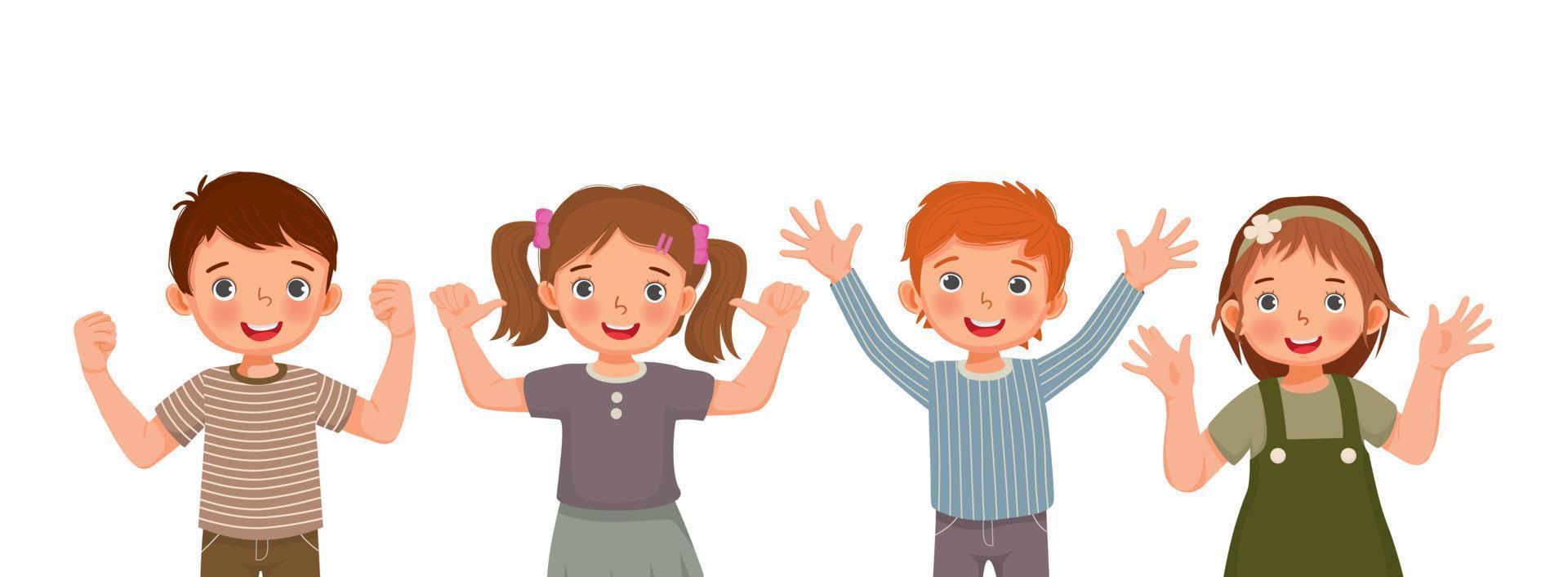 grupo de niños felices con diferentes emociones positivas, sentimientos, expresiones faciales emocionadas, gestos con el pulgar hacia arriba, como el signo del éxito sí, la confianza en sí mismo y los lenguajes corporales optimistas vector