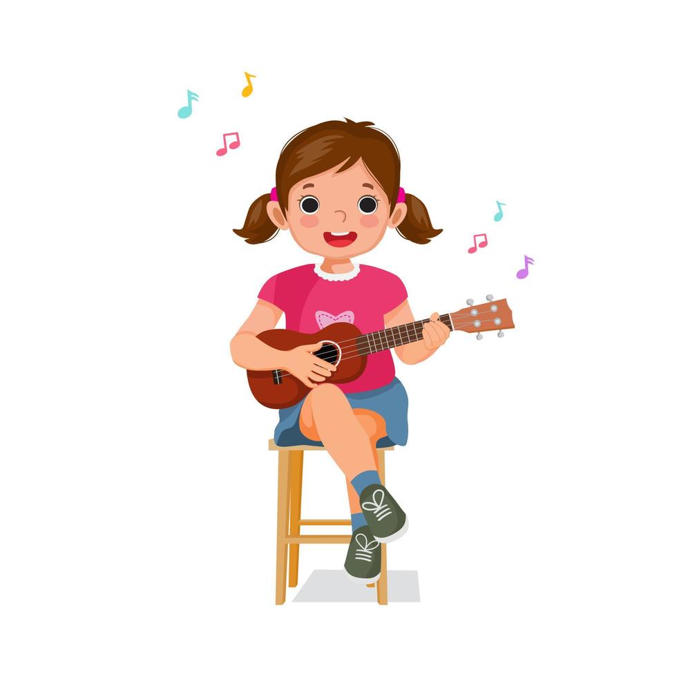 linda niña tocando un ukelele o una guitarra sentada en una silla de madera  cantando 7533126 Vector en Vecteezy