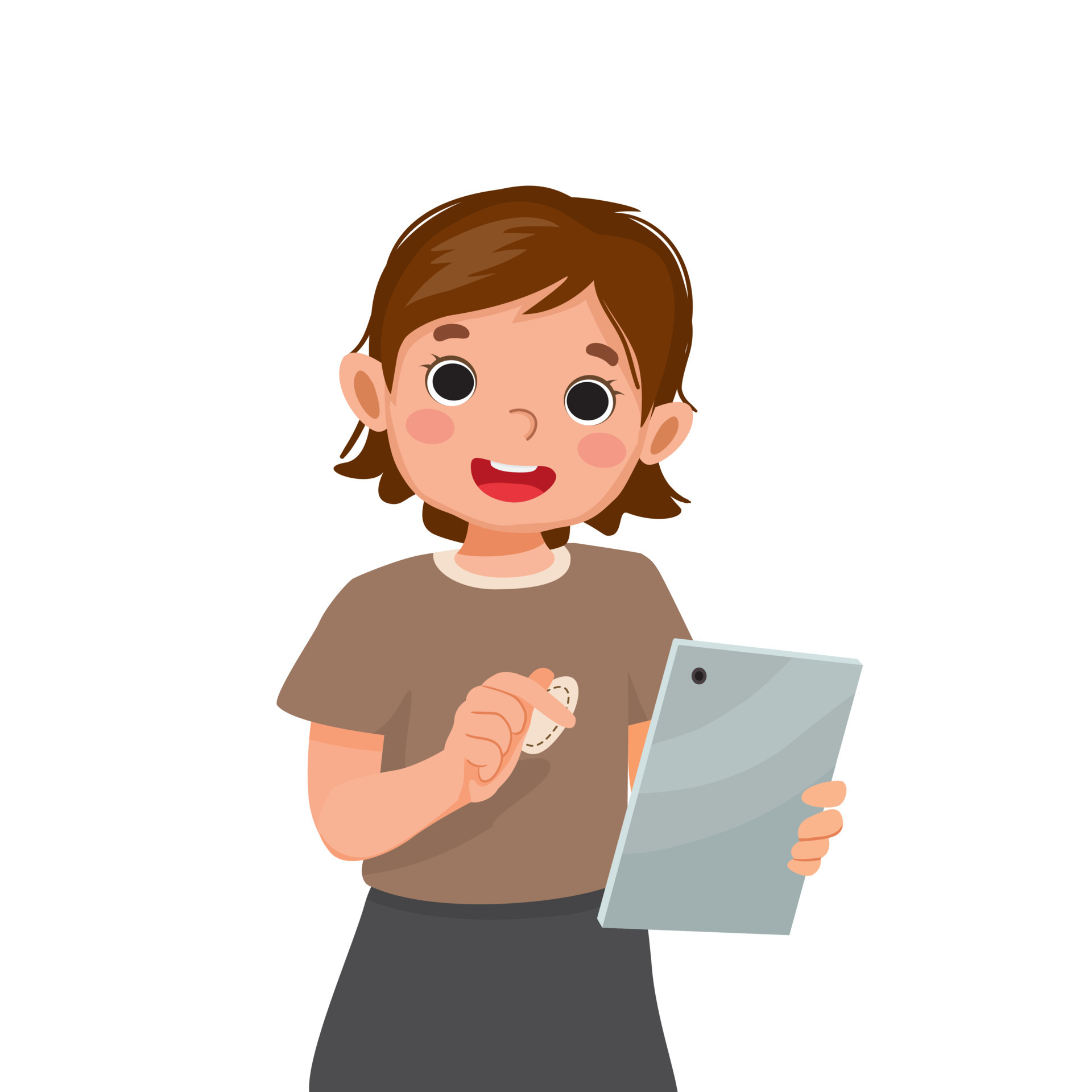 cute little girl holding and using digital tablet touching screen browsing  internet, doing homework, and playing games. Kids and electronic gadget  devices concept for children 7533133 Vector Art at Vecteezy