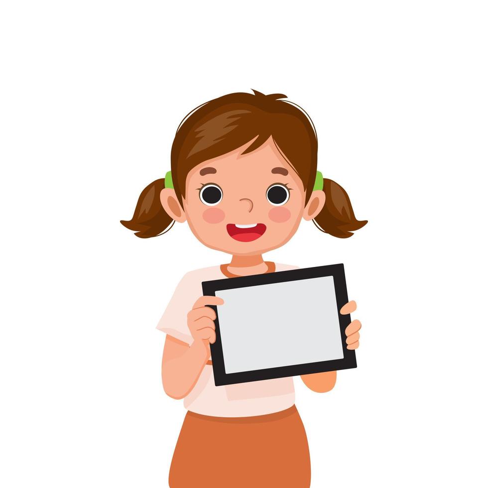 cute little girl holding digital tablet with empty screen or copy space for texts, messages and advertising content. Kids and electronic gadget devices concept for children vector