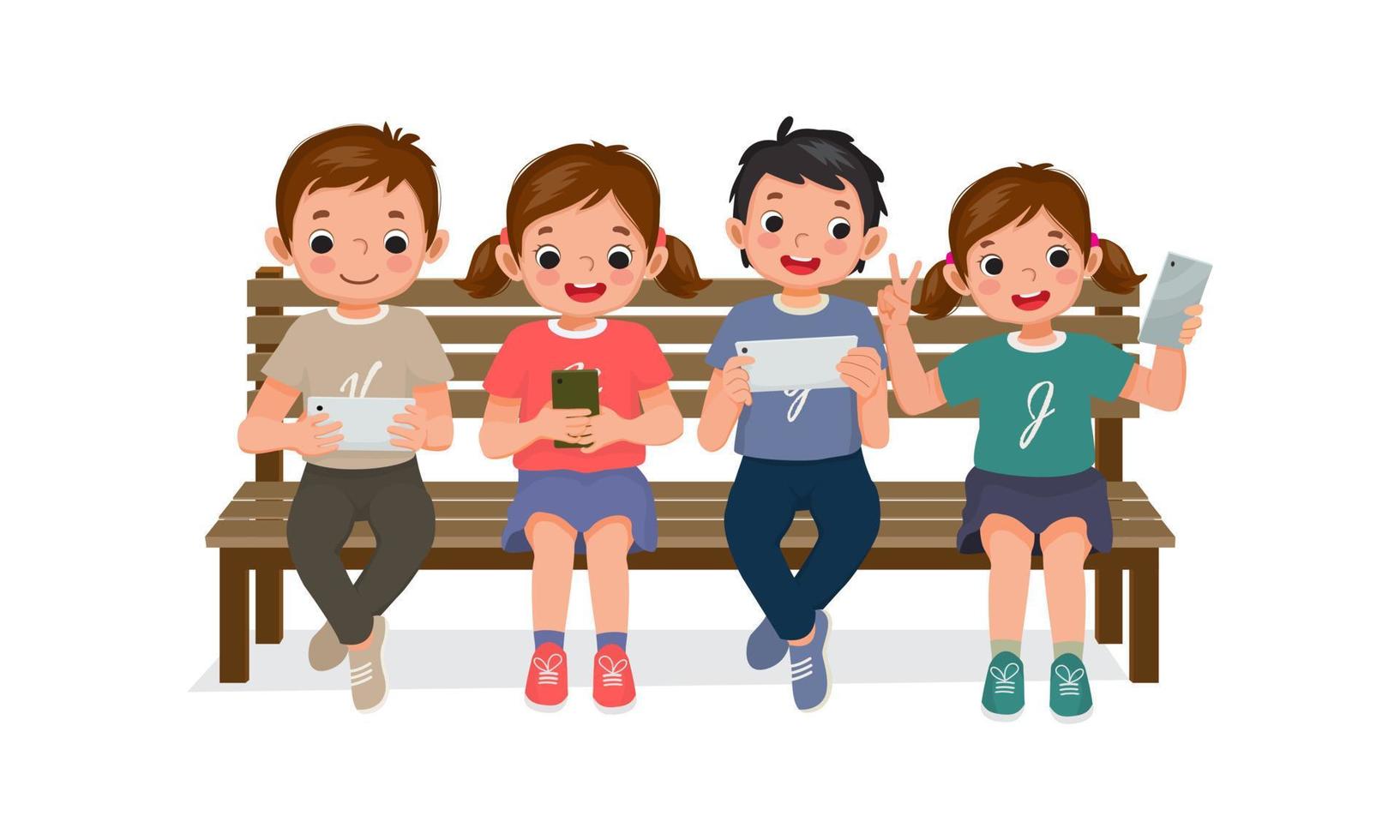 cute kids sitting on bench using smartphone and digital tablet playing game, browsing internet, chat and taking selfie with mobile phone vector