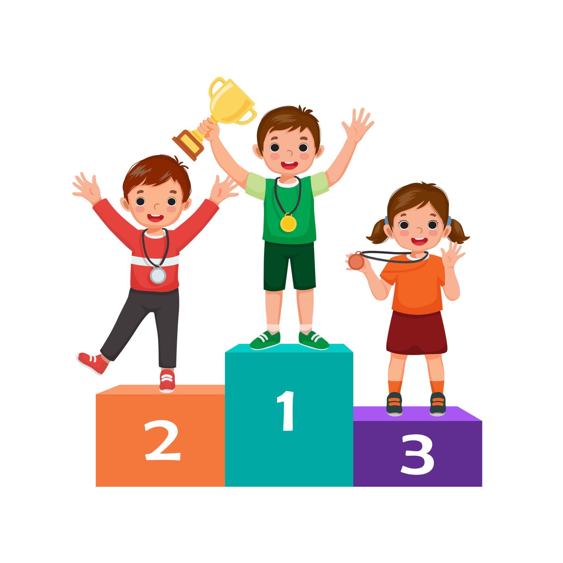 Kids with medals holding gold cup trophy standing on winners podium or