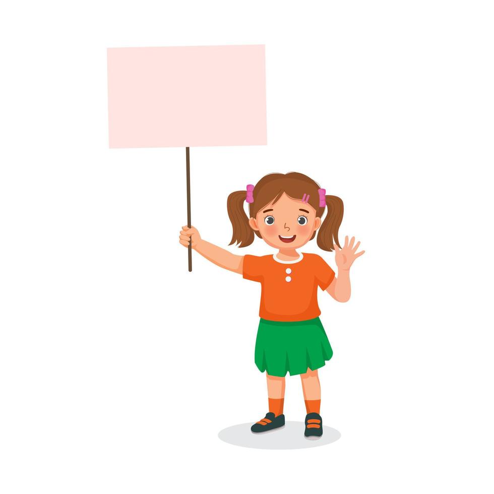 linda niñita sosteniendo una pancarta vacía o un letrero con una plantilla de espacio en blanco para texto, mensajes y anuncios vector
