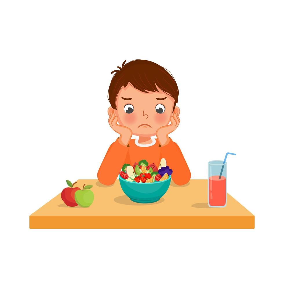 Little boy picky eater feeling unhappy looking at bowl of fruits and vegetables with hands on the cheek vector