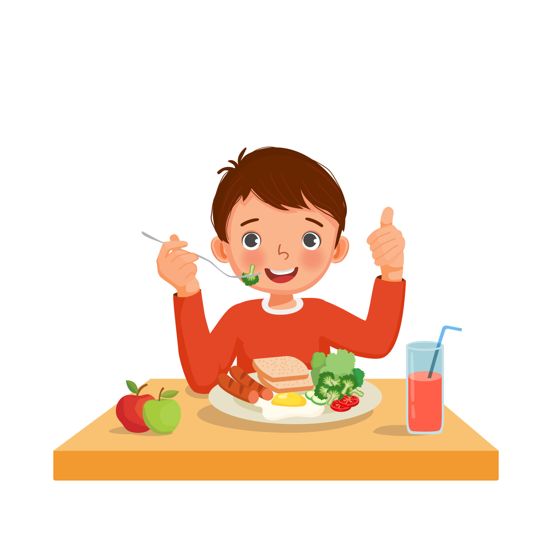 Cute little boy eating breakfast with bread, fried egg, broccoli,  vegetables holding fork with sausage showing thumb up gesture 7533151  Vector Art at Vecteezy