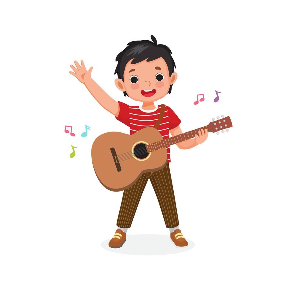 Cute little boy playing guitar and singing waving hand with smiling facial expression vector