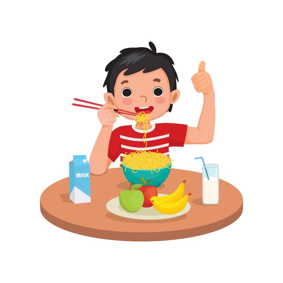 lindo niñito comiendo deliciosos fideos usando palillos mostrando gestos con el pulgar hacia arriba vector