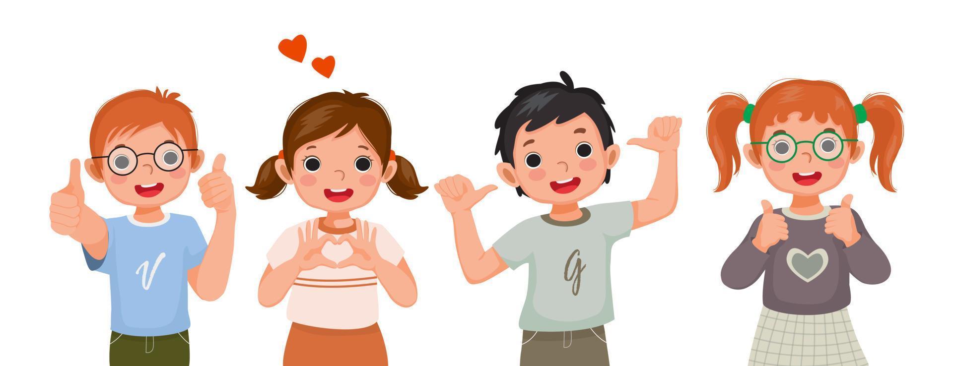 grupo de niños felices con diferentes emociones positivas, sentimientos alegres, expresiones faciales emocionadas, gestos con las manos hacia arriba, como el signo correcto, el amor propio y los lenguajes corporales optimistas y confiados vector