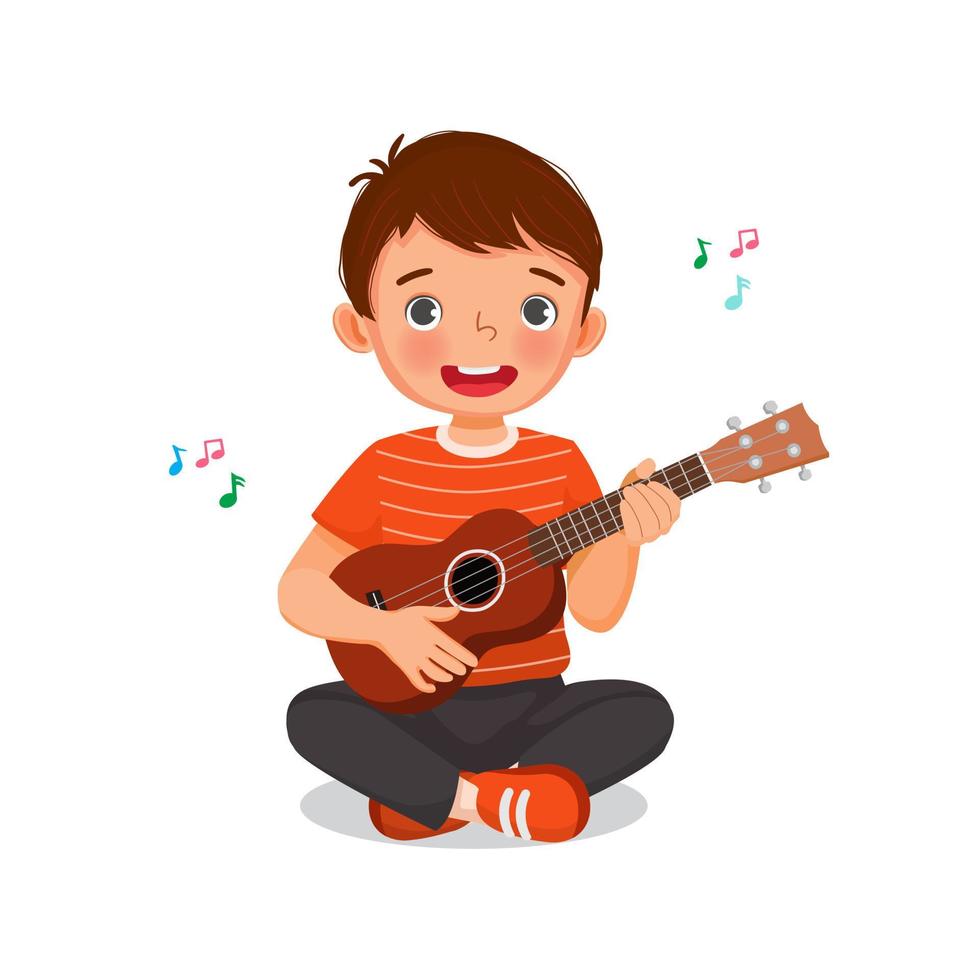 lindo niño tocando el ukelele cantando sosteniendo una guitarra con una expresión facial sonriente vector