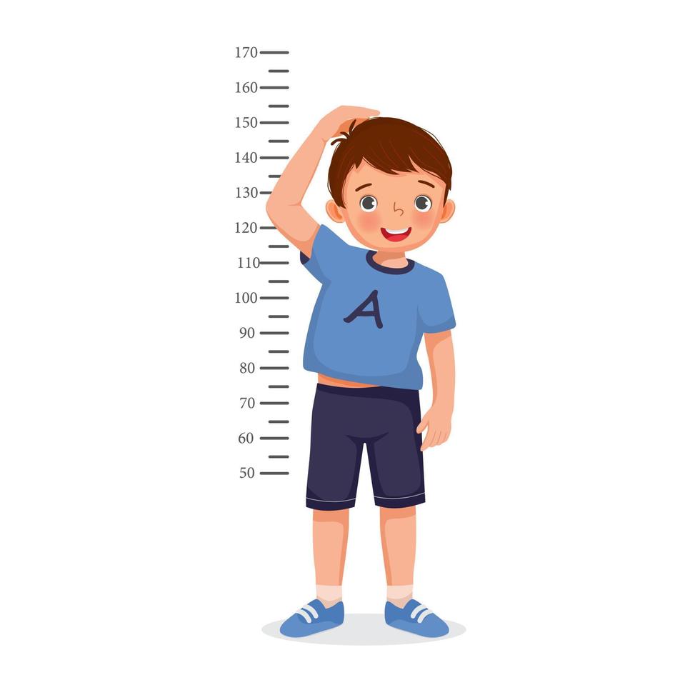 Cute Little boy measuring height of his growth on the background of wall vector