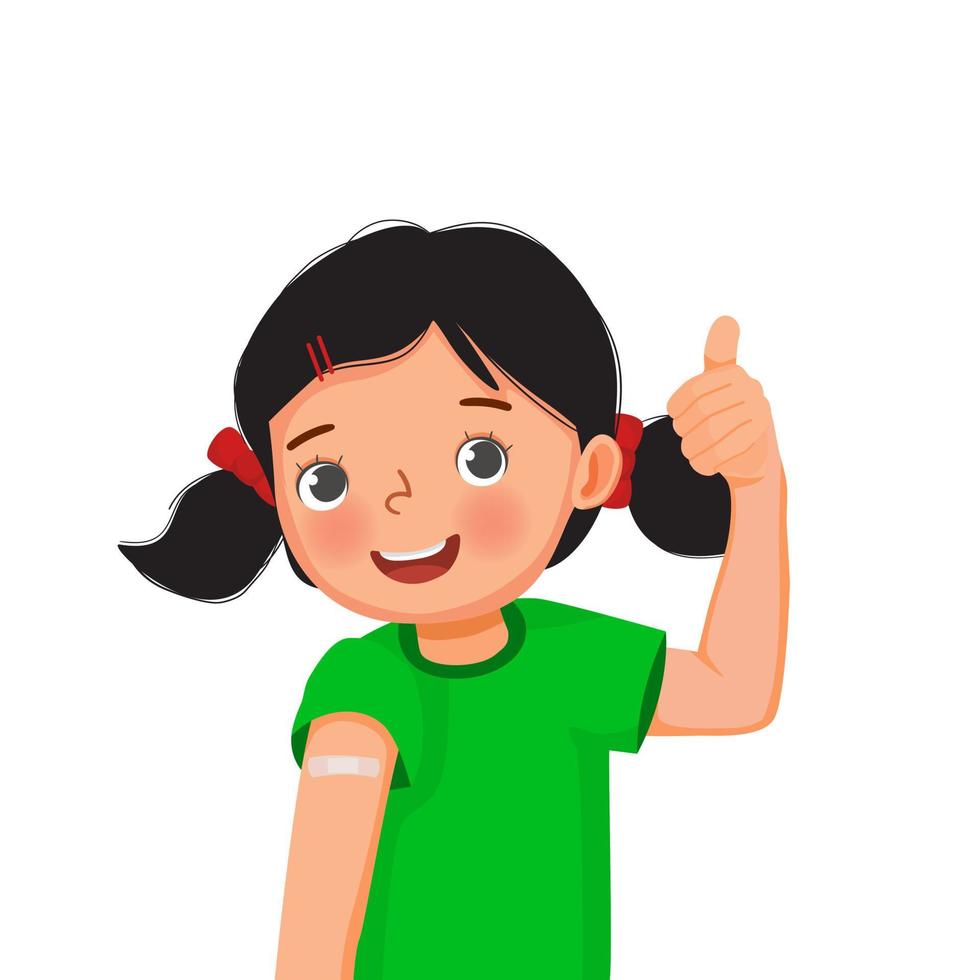 Cute little girl showing sticking patch or plaster on her arm after got Vaccine Injection and giving thumb up gestures with smiling facial expression vector