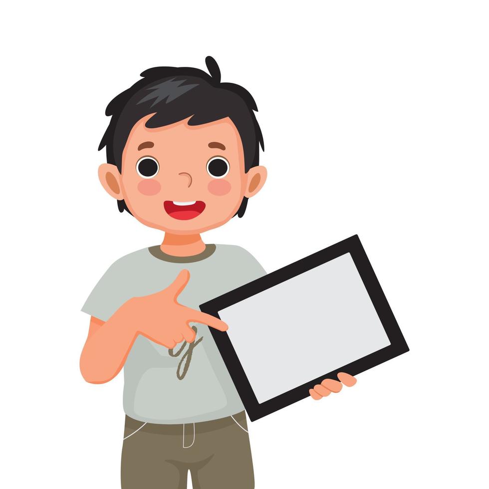 lindo niño sosteniendo una tableta digital con el dedo apuntando a una pantalla vacía o copiando espacio para textos, mensajes y contenido publicitario. concepto de niños y dispositivos electrónicos para niños vector