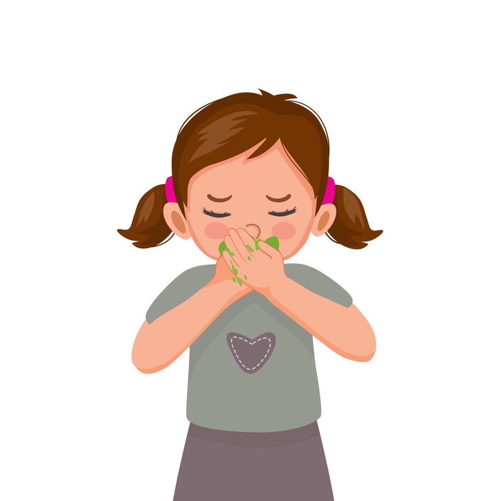 Little girl feeling nausea and vomiting or throw out with hand on the mouth because of food poisoning, motion sickness, overeating, stomach ache, digestive problem and gastritis illness vector