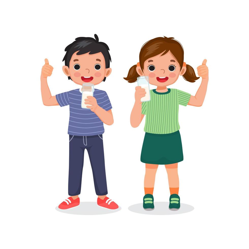 happy little boy and girl holding and showing a glass of milk giving thumb up gesture with positive facial expressions vector