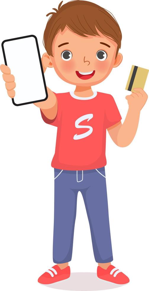 Cute little boy showing mobile phone with blank screen and holding credit card for making online payment vector
