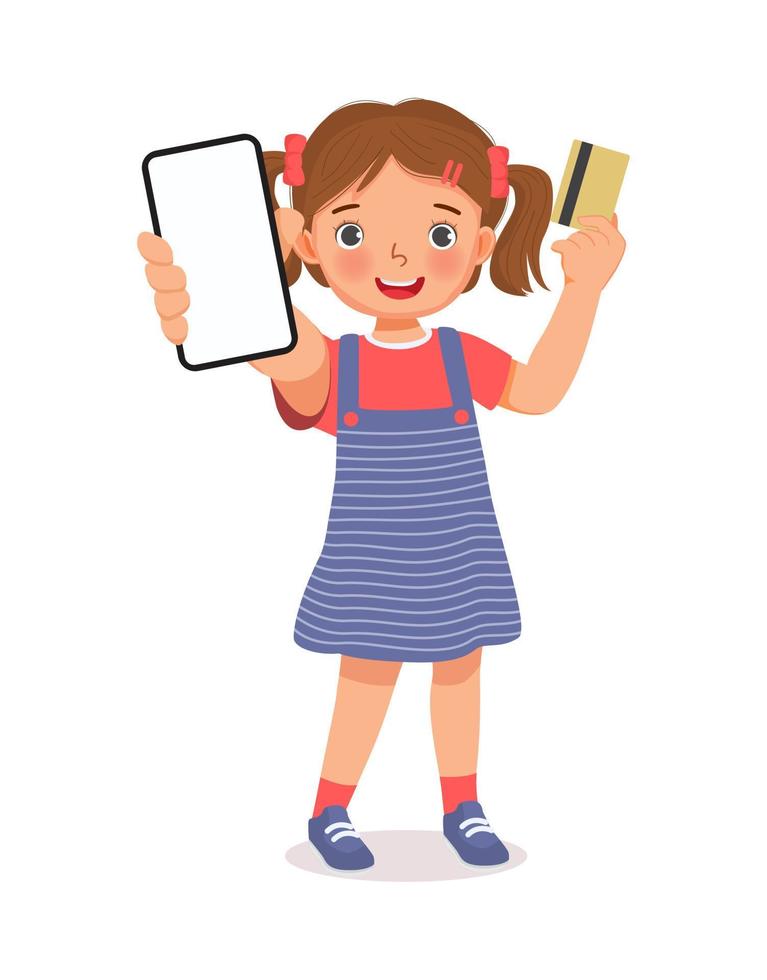 linda niña que muestra un teléfono móvil con pantalla en blanco y tiene una tarjeta de crédito para realizar pagos en línea vector