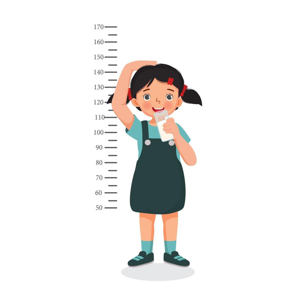 Cute Little girl drink a glass of milk and measuring height of her growth on the background of wall vector