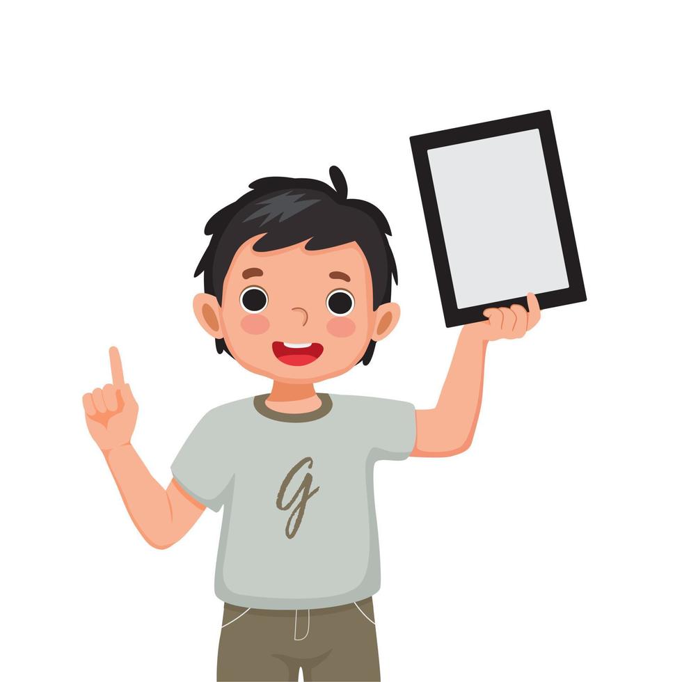 Happy little boy holding up digital tablet with finger pointing up to empty space or copy space for texts, messages and advertising content. Kids and electronic gadget devices concept for children vector