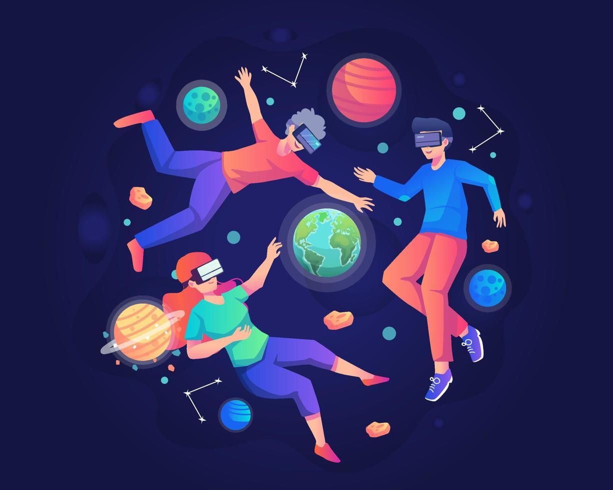 jóvenes con auriculares vr flotando en el espacio exterior entre los planetas. simulación del mundo digital virtual para entretenimiento y experiencia visual en el metaverso. ilustración vectorial plana vector