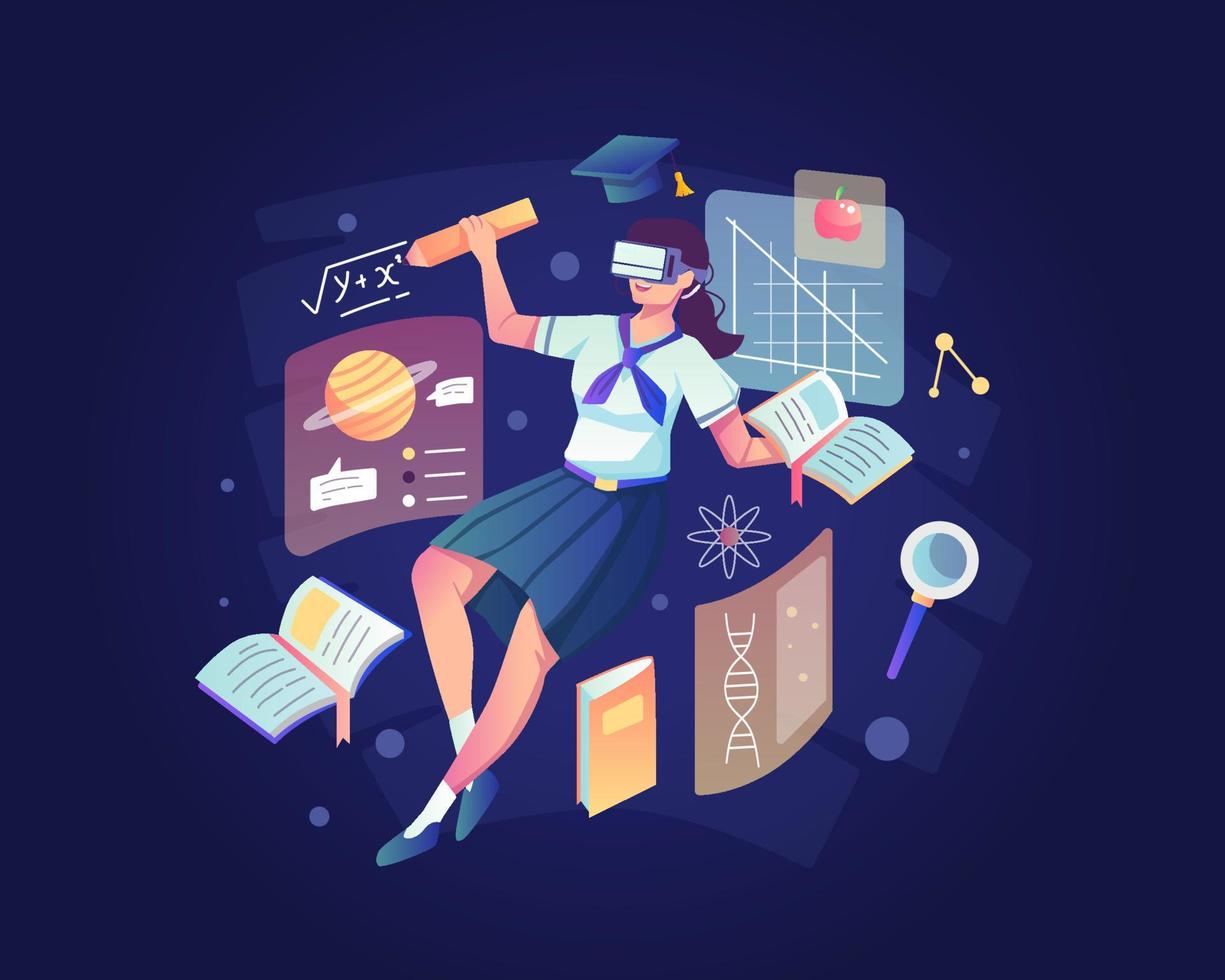 A female student is studying with wearing a VR Headset. Virtual Reality Technology for Education and Online Learning concept. Flat style vector illustration