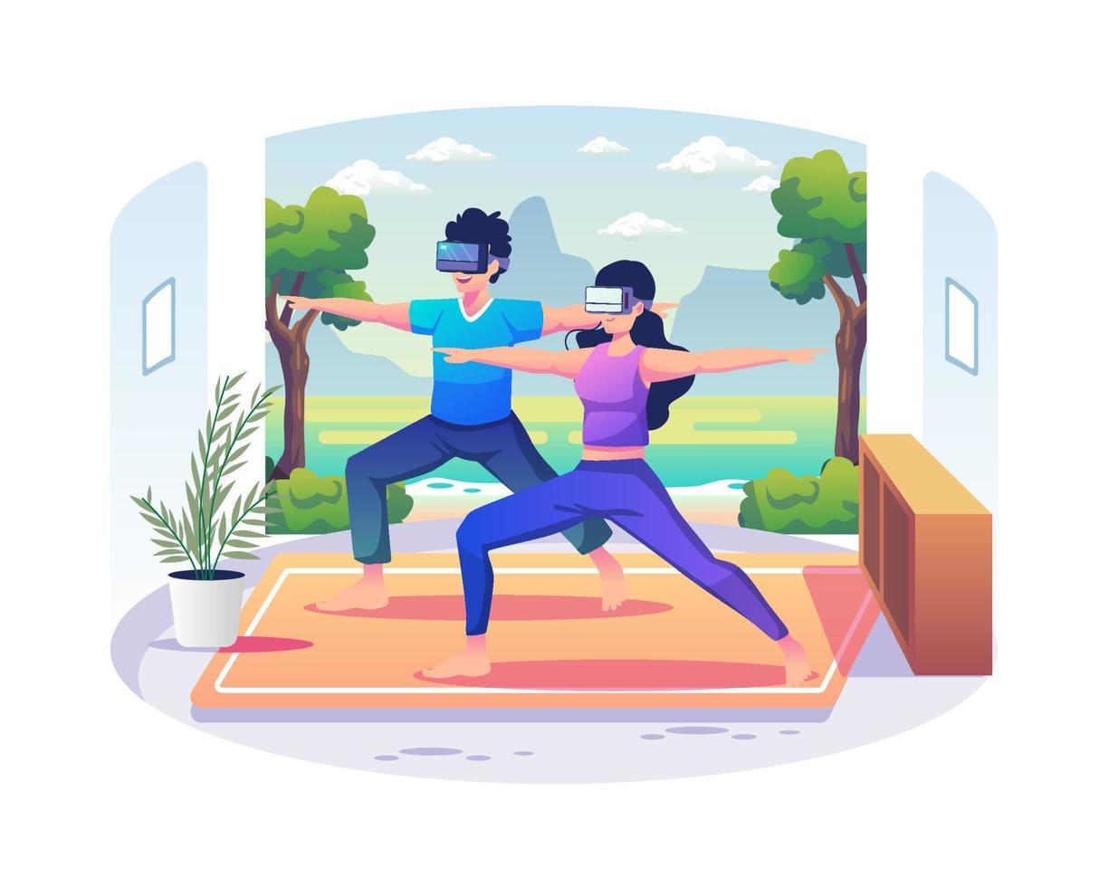 Couple man and woman wearing VR glasses doing exercises and yoga in nature simulation at home. Virtual Reality Technology for mental and physical health. Flat vector illustration