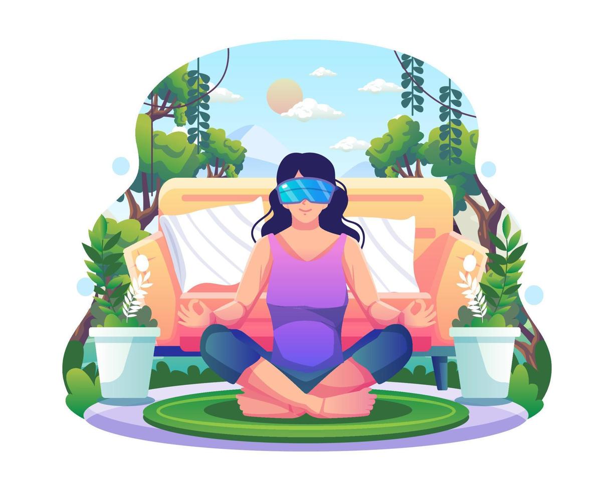 A young woman in lotus posture wearing VR glasses practices yoga and meditation in nature simulation at home. Virtual Reality Technology for mental and physical health. Flat vector illustration