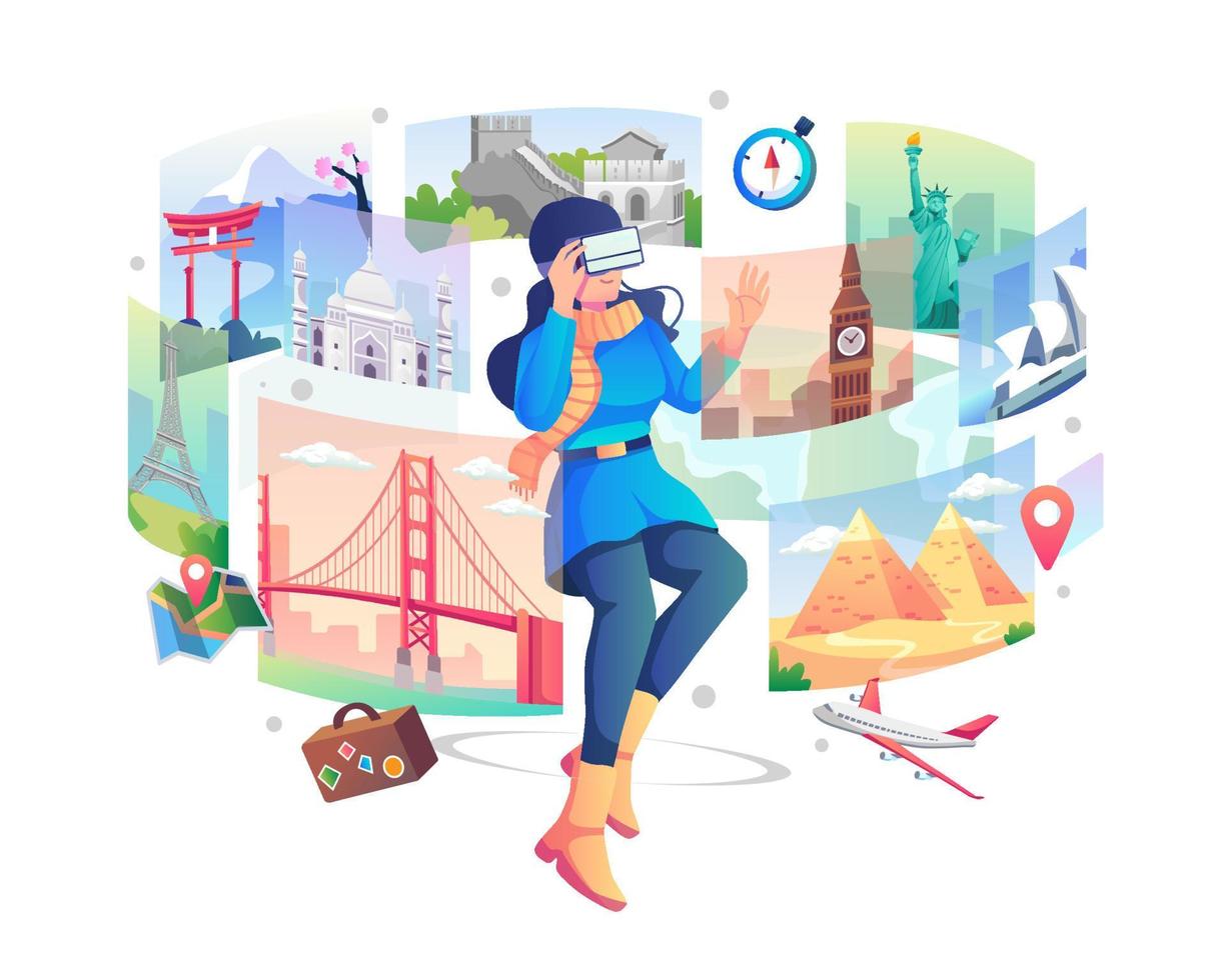 A young woman wearing VR glasses doing a game simulation of traveling around the world through virtual reality. Virtual travel for entertainment and education. Flat vector illustration