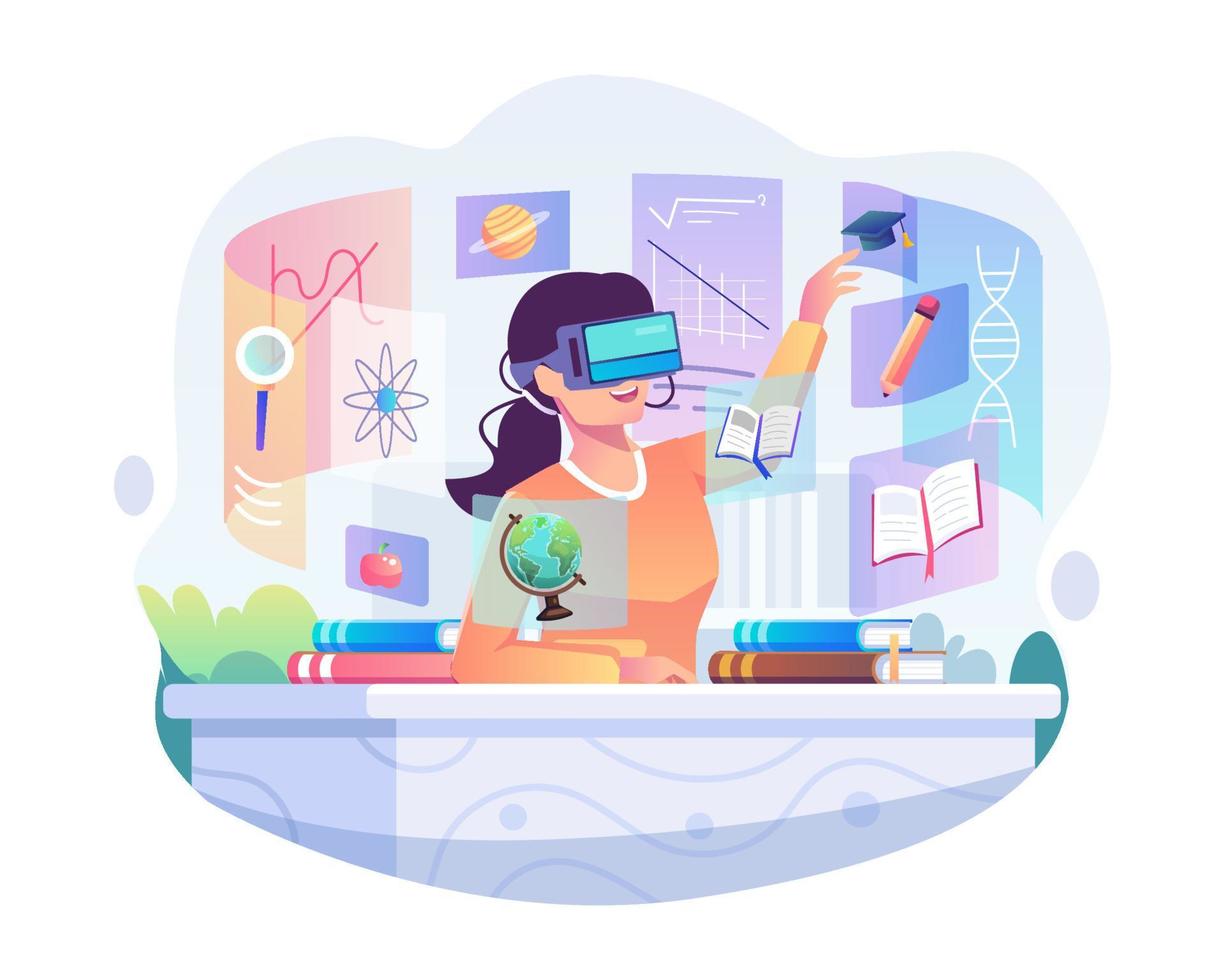 una mujer joven que usa un auricular vr está estudiando y aprendiendo en un escritorio. educación de realidad virtual y concepto de aprendizaje en línea. ilustración vectorial de estilo plano vector