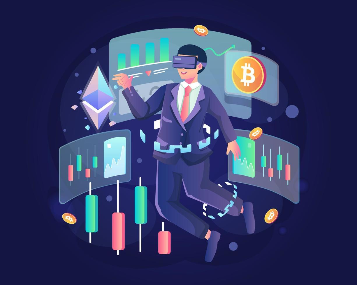 a businessman wearing VR headsets analyzes digital trading charts and stock trading on the virtual dashboard screen interface in Metaverse. Flat vector illustration