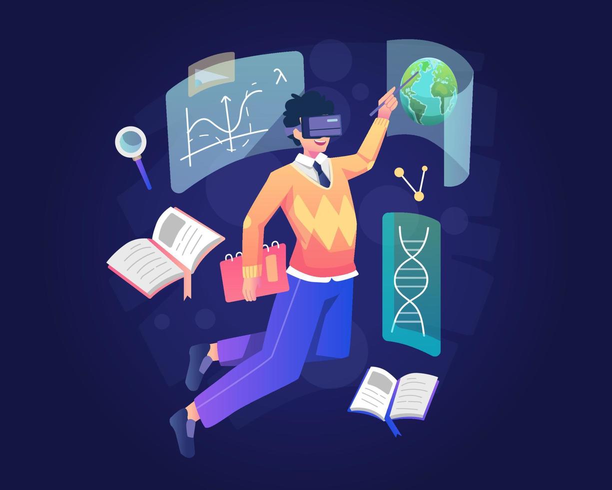 A male student is studying with wearing a VR Headset. Virtual Reality technology for Education and Online Learning concept. Flat style vector illustration