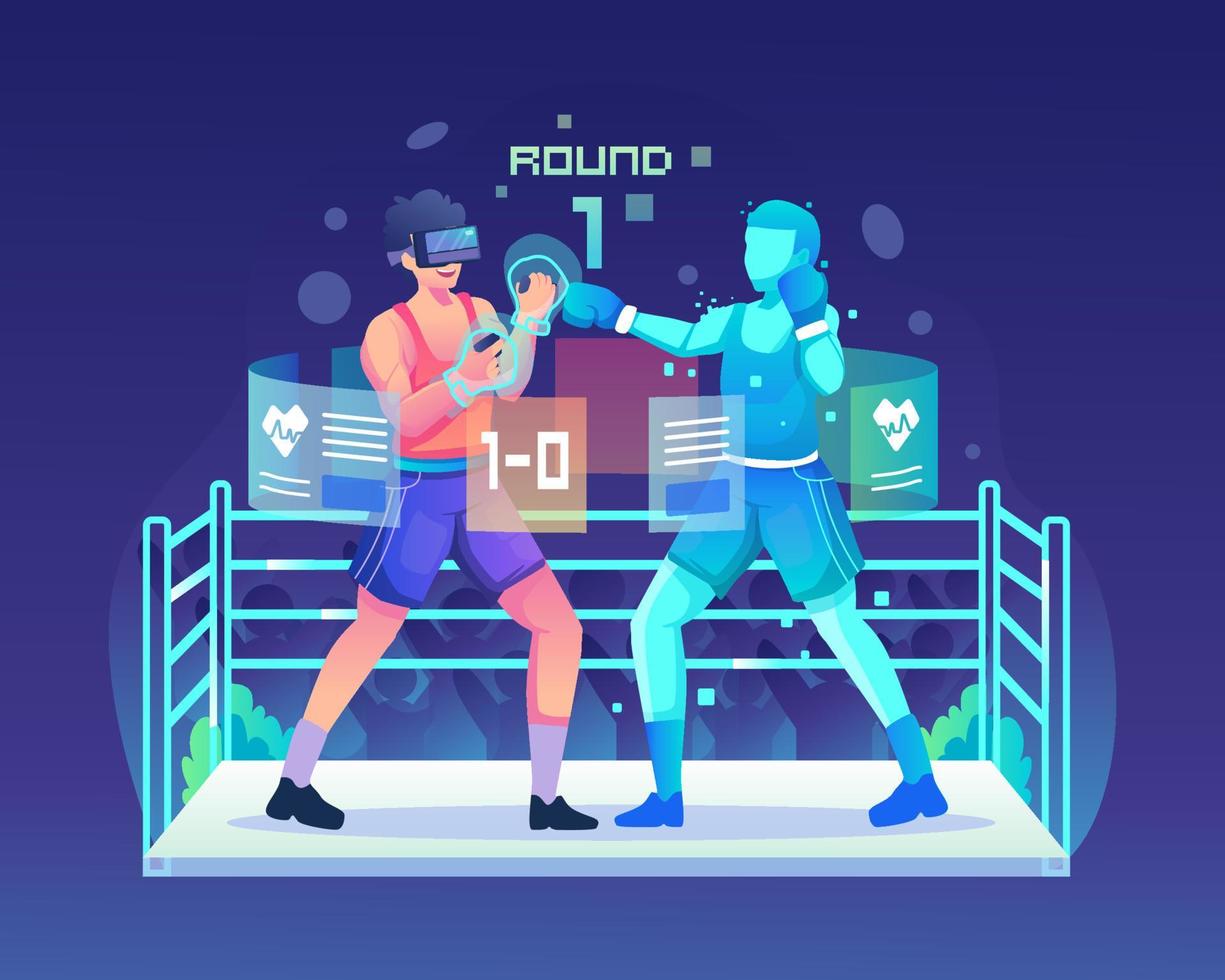 VR Sports concept illustration with a man wearing a VR headset playing boxing sports simulator with a virtual opponent in the metaverse. Flat vector illustration