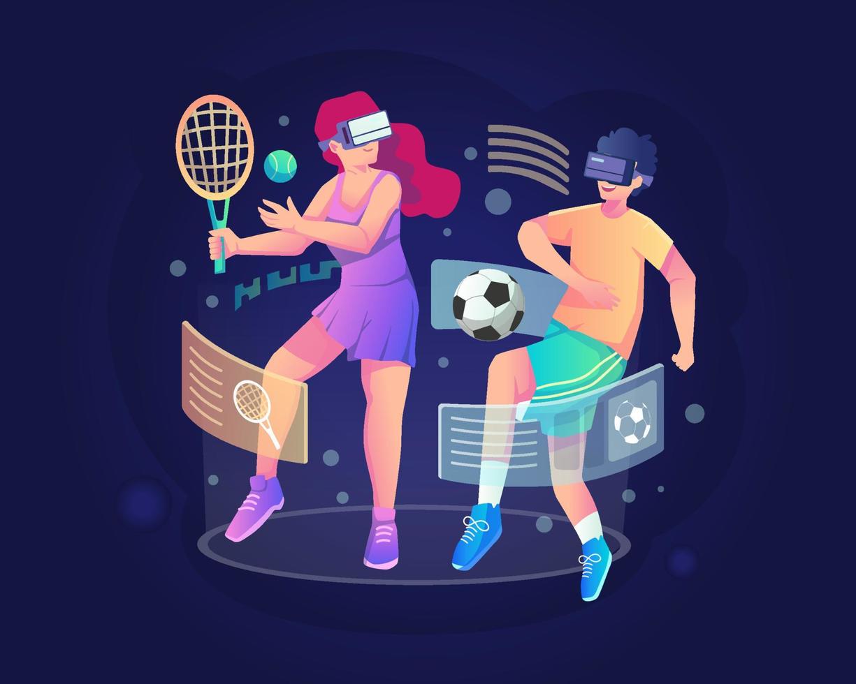 ilustración del concepto de deportes vr con un hombre joven y una niña con auriculares vr jugando experiencia de simulador de deportes virtuales en el metaverso. ilustración vectorial plana vector