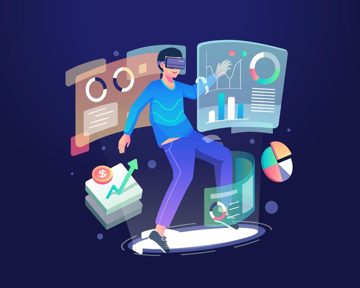 A young man wearing a virtual reality headset interacts with data graph charts and analysis screen dashboards in cyberspace. Flat style vector illustration