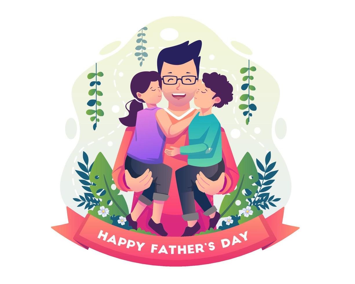 Father happily holds his children. Son and daughter hug and kiss their happy father's cheeks from both sides. Happy Father's Day Greeting. Flat style vector illustration