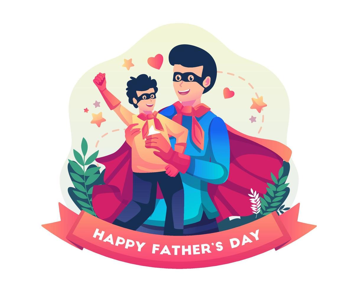 Father and son celebrate Father's Day with both dressed in superhero costumes. The father happily carried his son. Flat style vector illustration