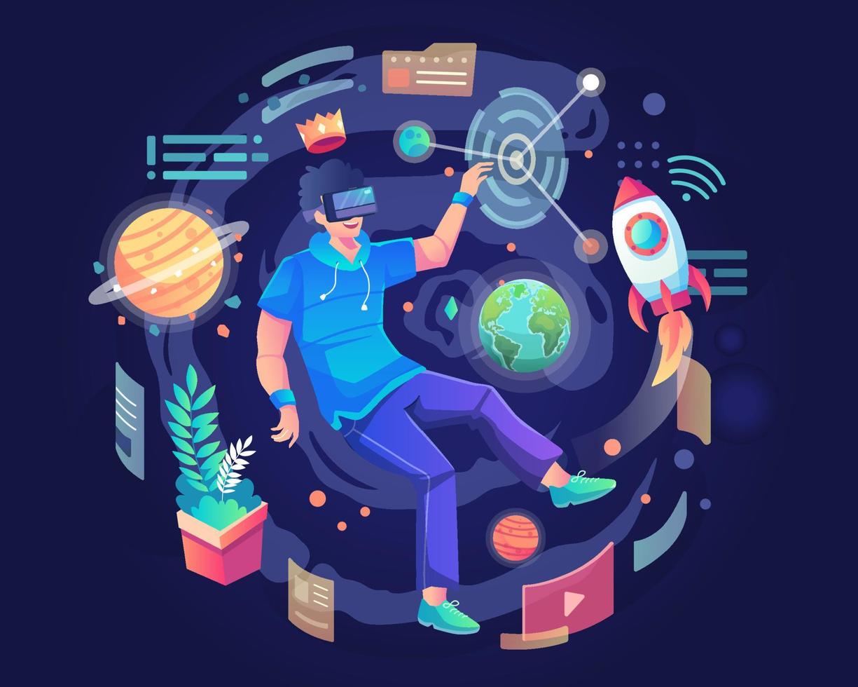 un hombre con un auricular vr flotando en el ciberespacio. simulación del mundo digital virtual para entretenimiento y experiencia visual en el metaverso. ilustración vectorial plana vector