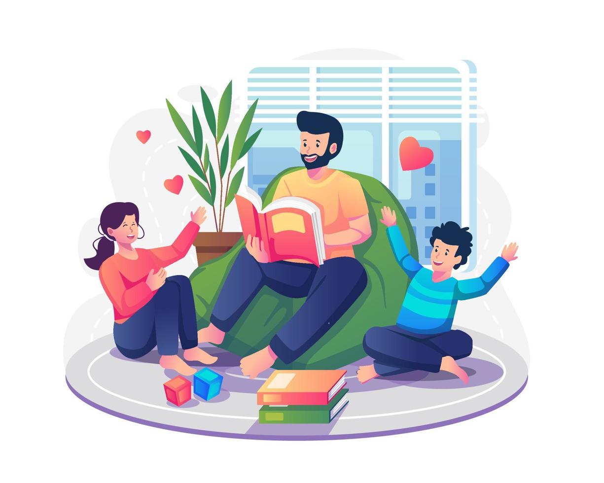 Father reading a book together with his son and daughter at home. Daddy and kids sitting together with storybooks. Happy Father's Day. Flat style vector illustration