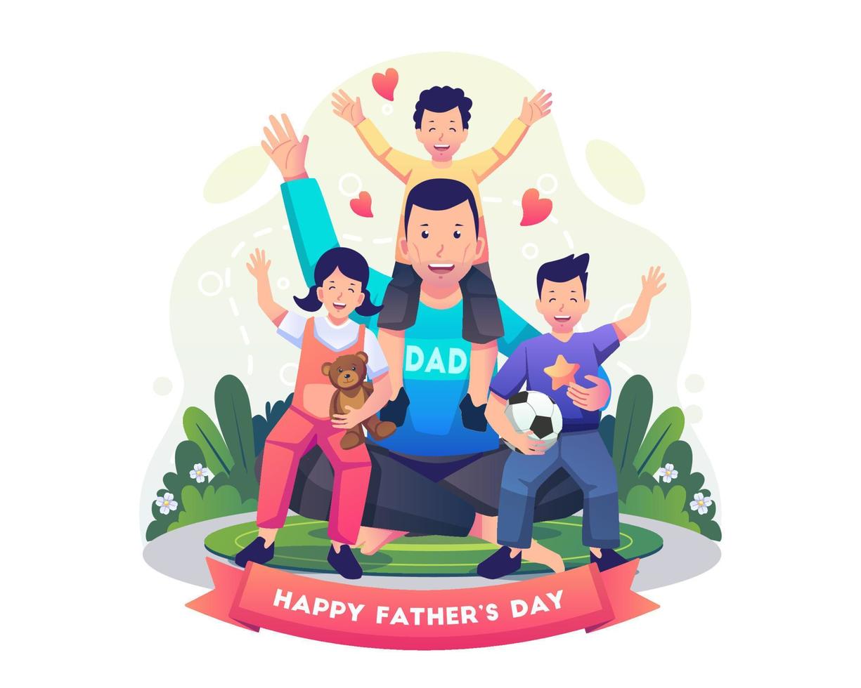 feliz concepto del día del padre con niños sentados en el regazo de papá y sentados en su hombro. padre e hijos felizmente levantan la mano y pasan un buen rato juntos. ilustración vectorial de estilo plano vector