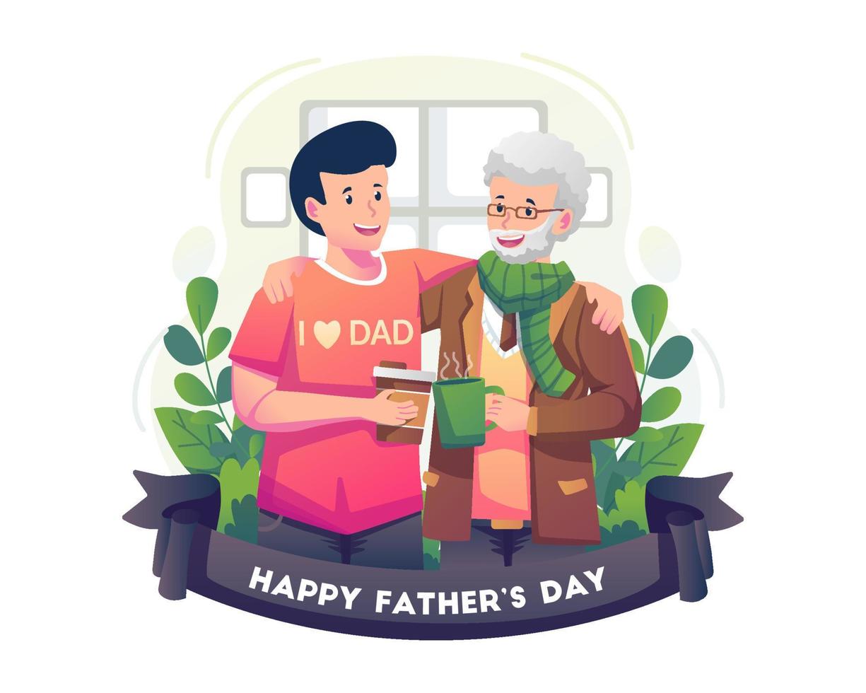 Happy Father's Day concept with Adult son and his old father hugging with love. Cheerful Drinking Coffee And Chatting together. Flat style vector illustration