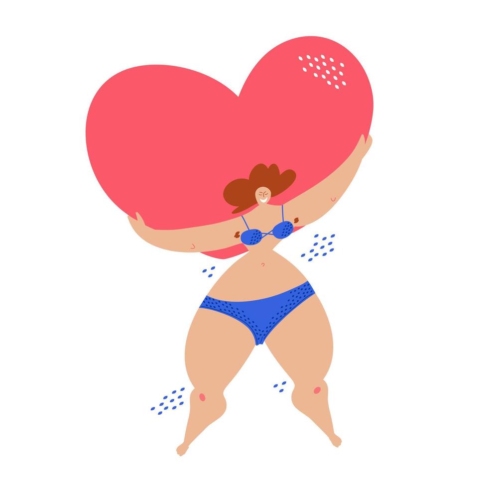 mujer positiva con un gran corazón en sus manos. ilustración cuerpo positivo vector mujer carácter