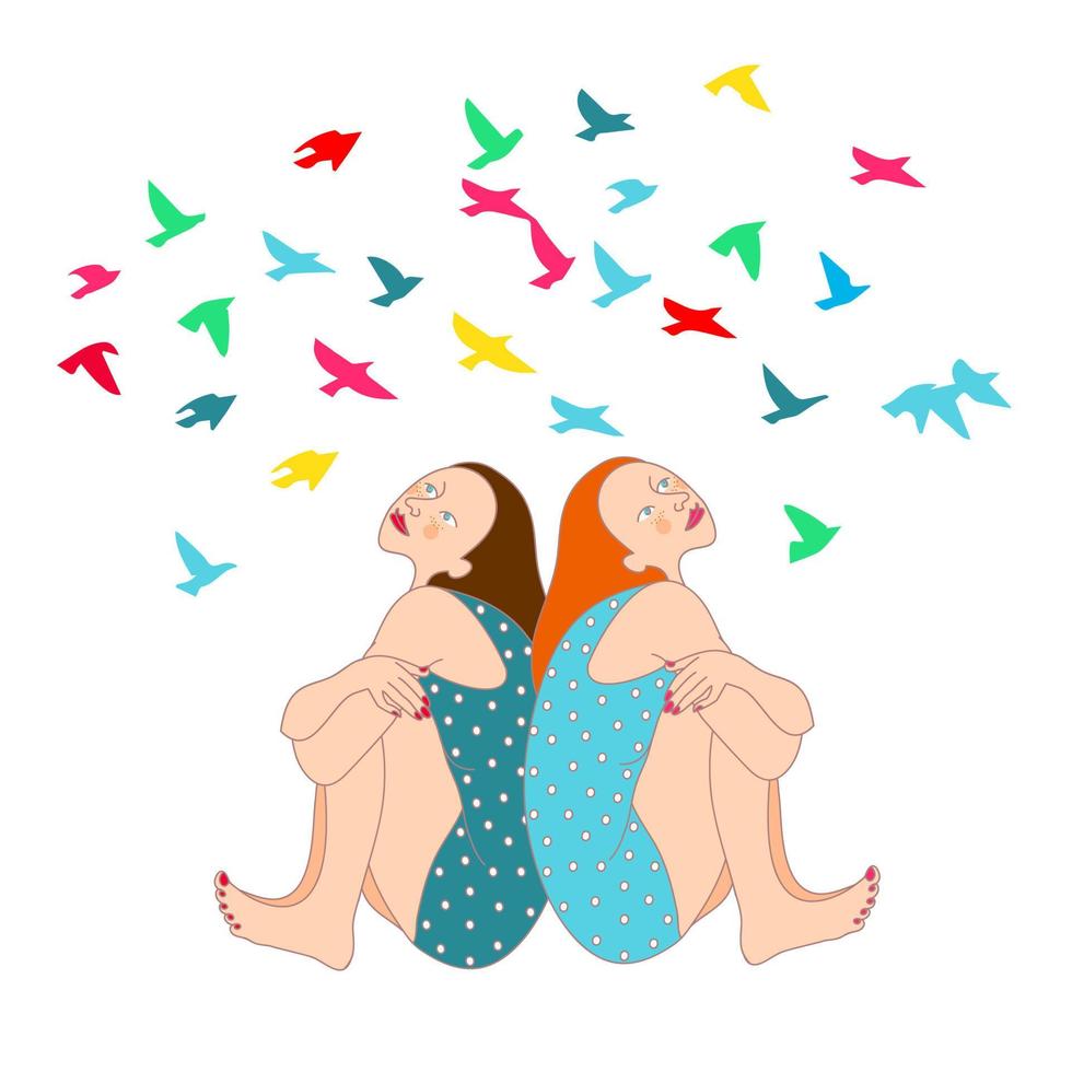 Two happy girls with different hair colors are sitting back to back and admiring a flock of colorful birds vector