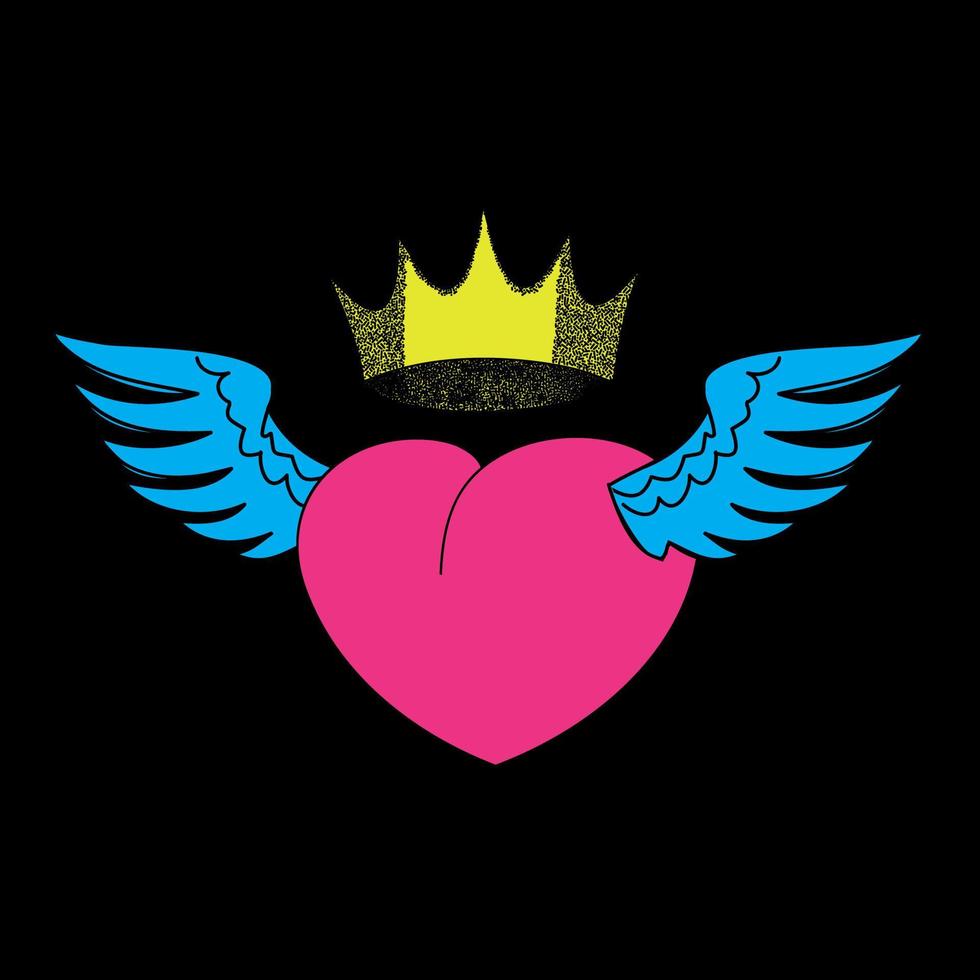 Heart in a crown with wings on a black background. A love heart is a romantic composition. vector