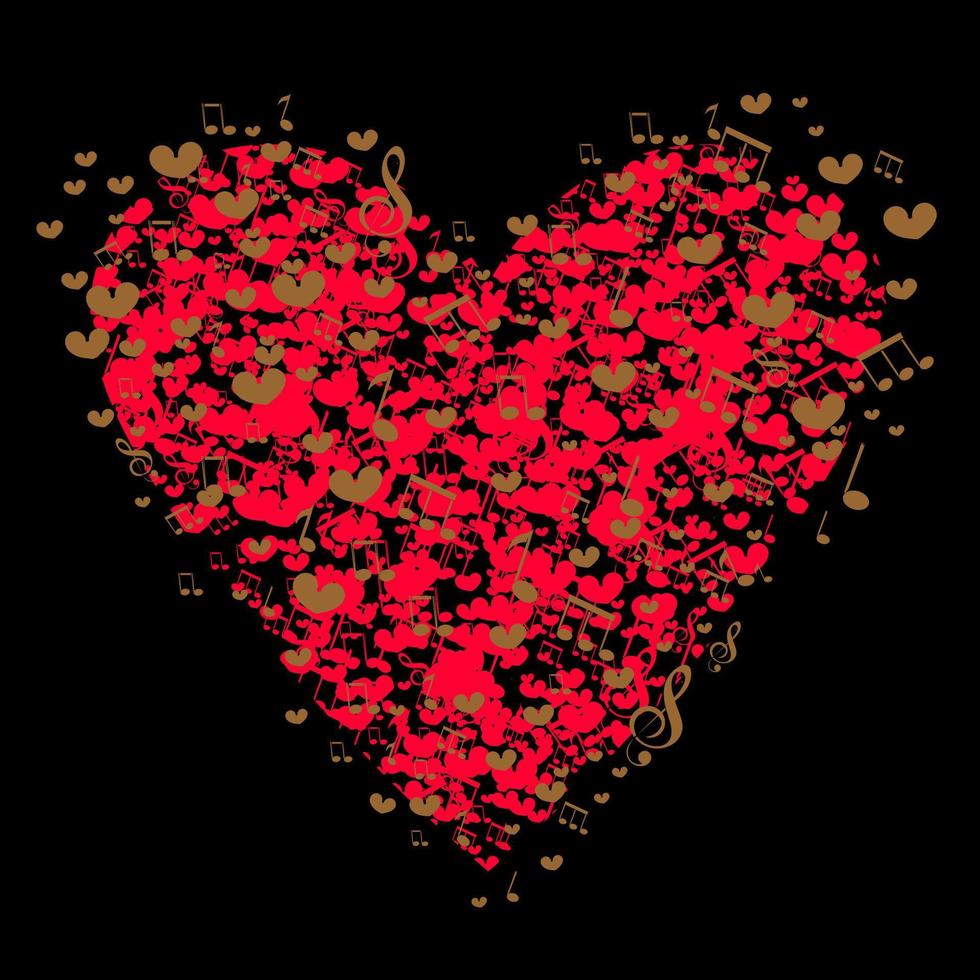Heart vector illustration. Red and gold heart in hearts and notes on a black background.