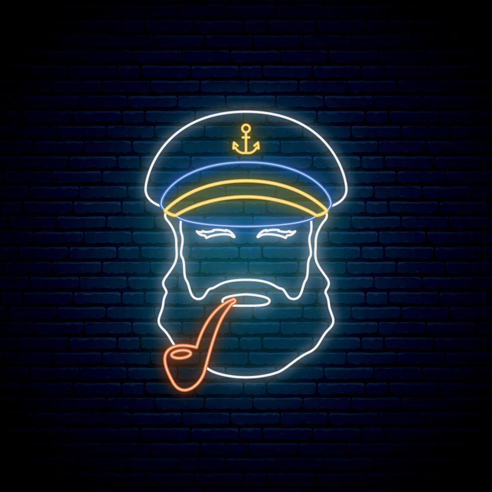 Neon old sailor captain with tobacco pipe. vector