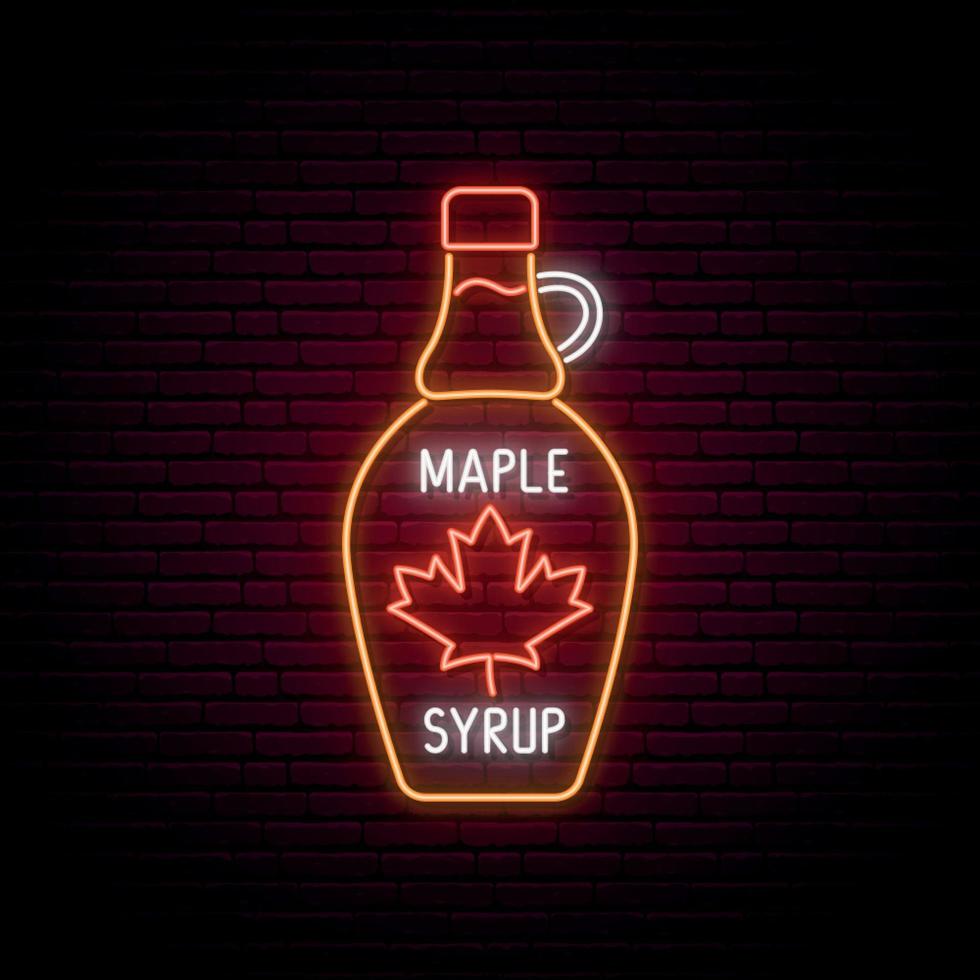 Neon Maple syrup bottle sign. vector