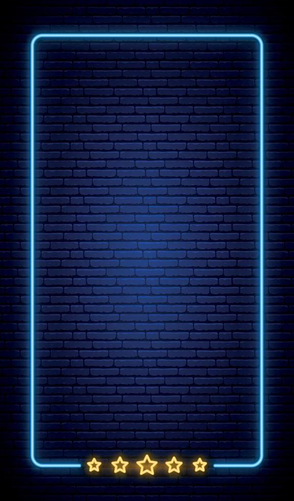 Neon vertical frame banner on brick wall. vector