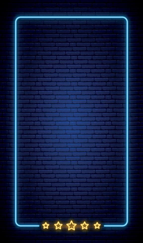 Neon vertical frame banner on brick wall. vector