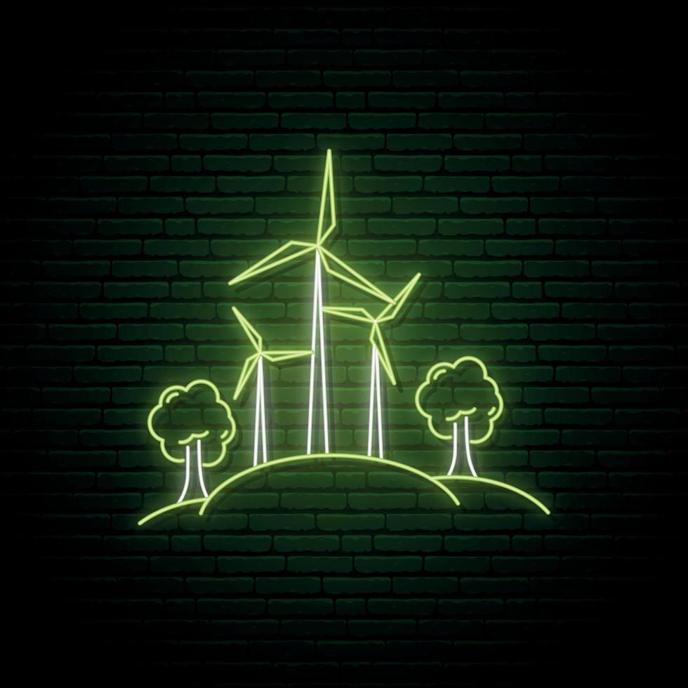 Wind turbines generating electricity in neon style. vector